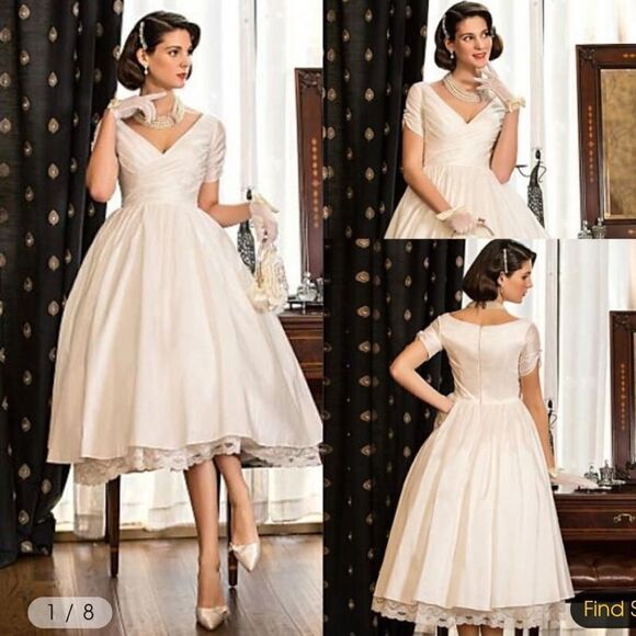 Classical A-Line V-Neck Short Sleeve Pleats Bohemain Lace Wedding  Dress - Picture 3 of 16